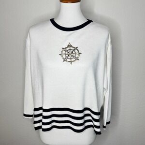 ST. JOHN SPORT Nautical Sweater SM Navy White‎ Compass Boxy Yacht Quiet Luxury